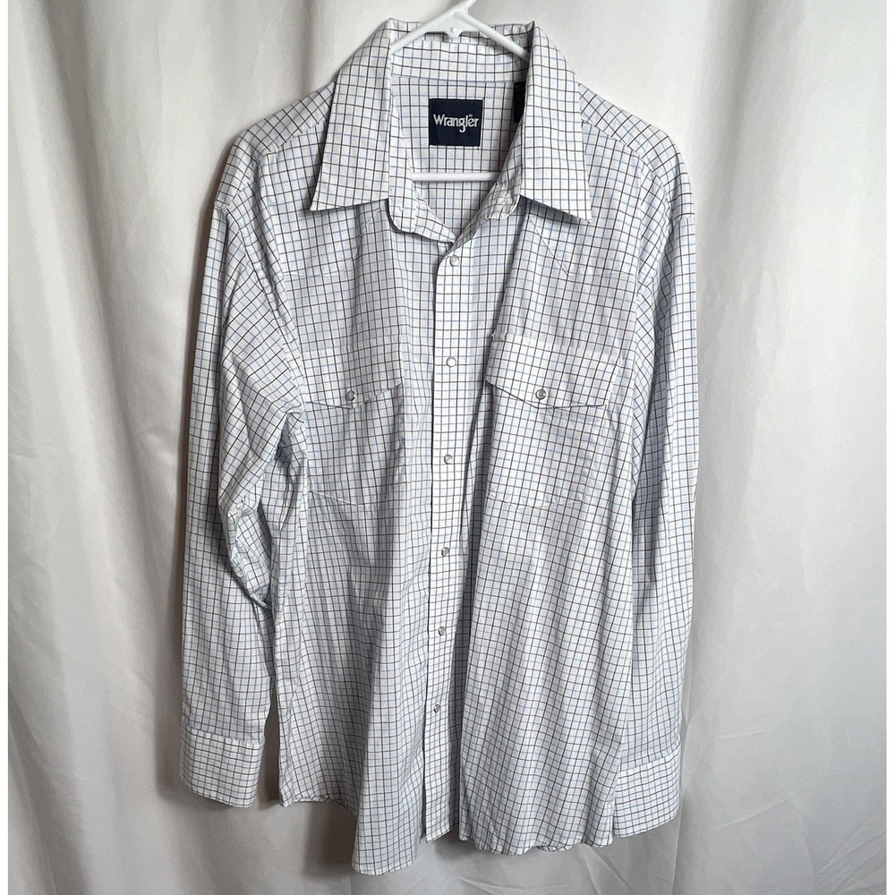 Wrangler Men's Size XXL Long Sleeve Check Shirt White/Blue/Black Pearl Snap
